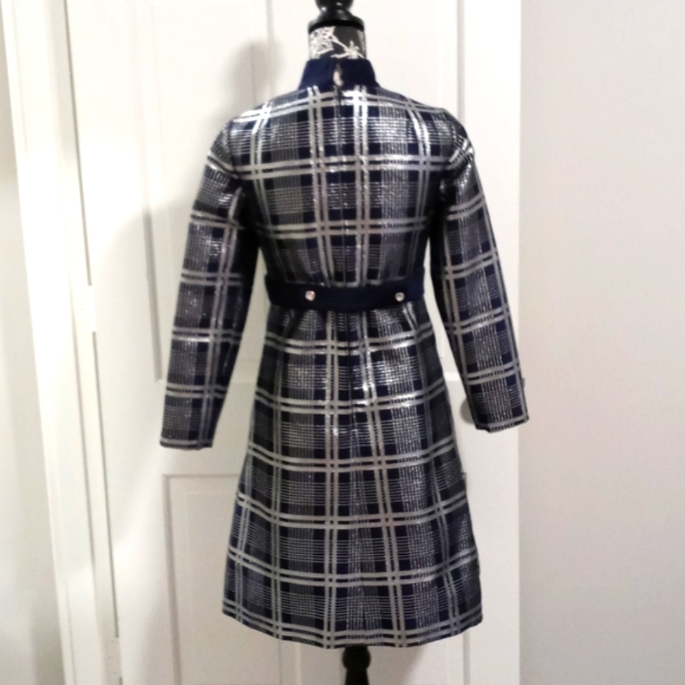 💙VTG 1960s Oscar de la Renta💙 - Navy Silk & Silver Metallic Plaid Mod Dress - Picture 2 of 16